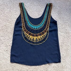 Charming Charlie Navy Tank Top with Gold and Blue Embroidery